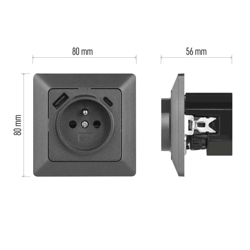 Toma de corriente doméstica FRENCH con USB‑A y USB‑C, 250V/16A, antracita