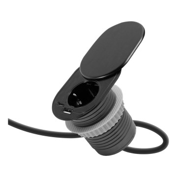 Toma empotrada con tapa deslizante — 1 toma de corriente + USB-C + USB-A, negra
