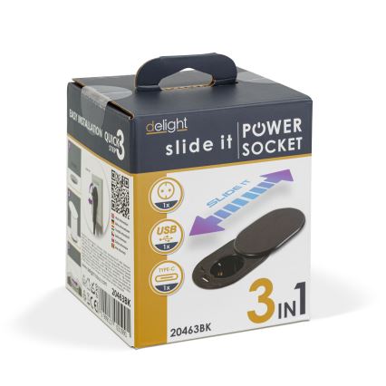 Toma empotrada con tapa deslizante — 1 toma de corriente + USB-C + USB-A, negra