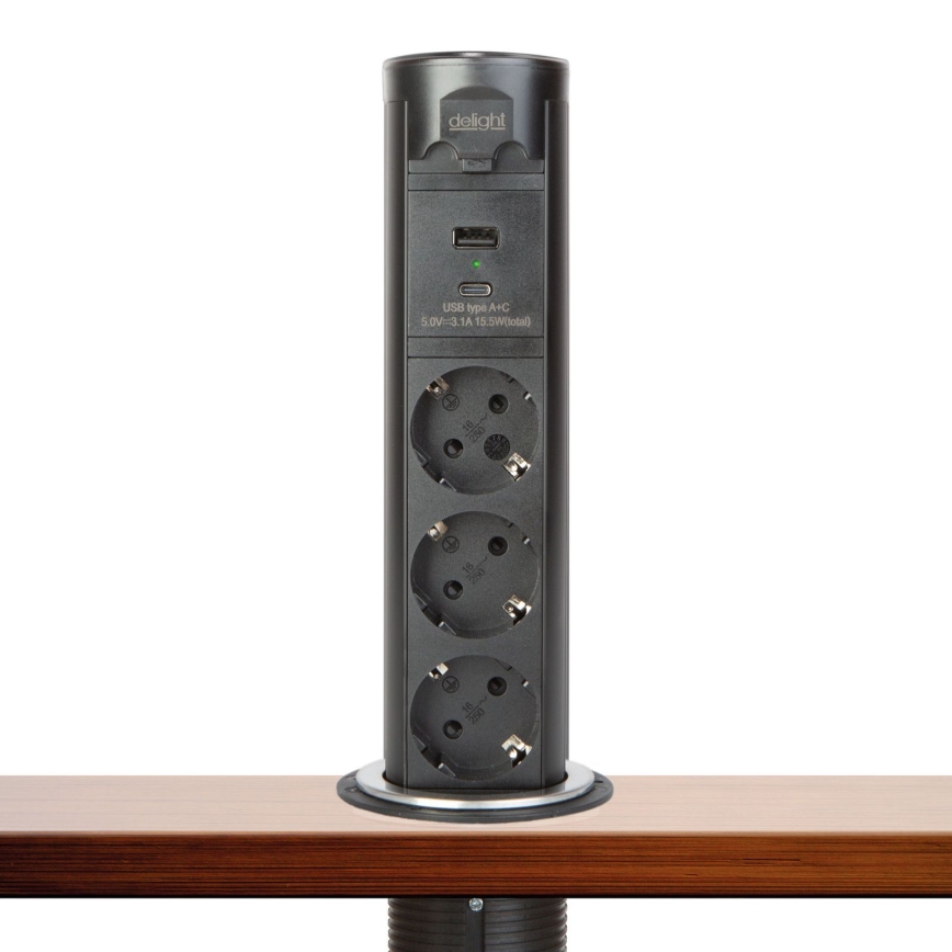 Torre de enchufes para mesa 3x230 V + USB-A + USB-C negra