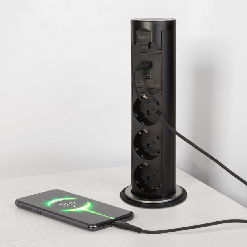Torre de enchufes para mesa 3x230 V + USB-A + USB-C negra