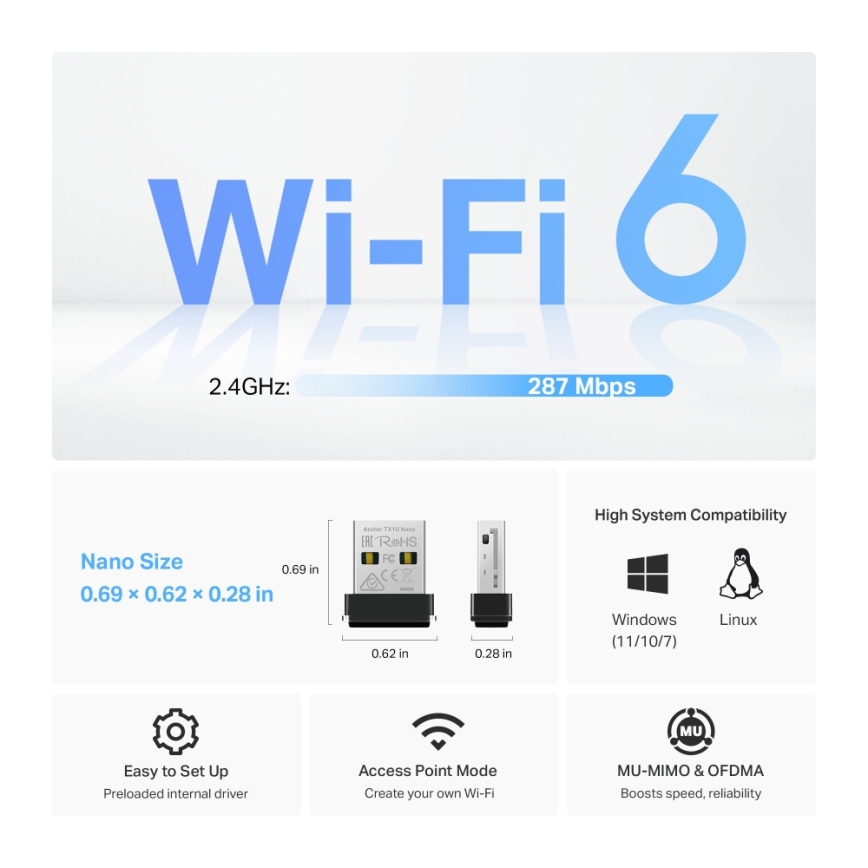 TP-Link - Adaptador USB nano inalámbrico Wi‑Fi 6 Archer TX1U Nano