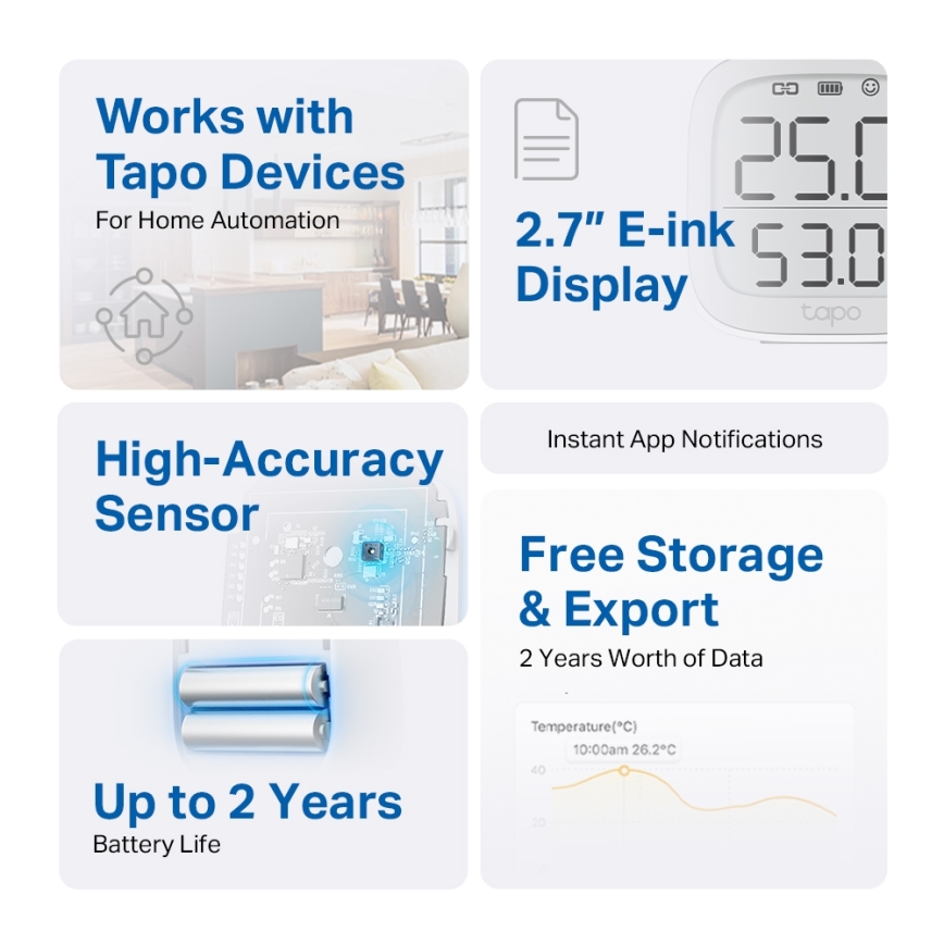 TP-Link - Monitor inteligente para medir la temperatura y la humedad, alimentado por 2 pilas AAA y con conectividad Wi-Fi
