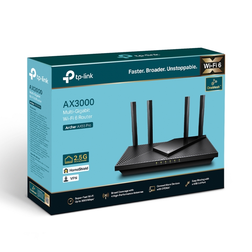 TP-Link - Router Wi-Fi 6 de doble banda multigigabit con puerto 2,5G Archer AX55 Pro
