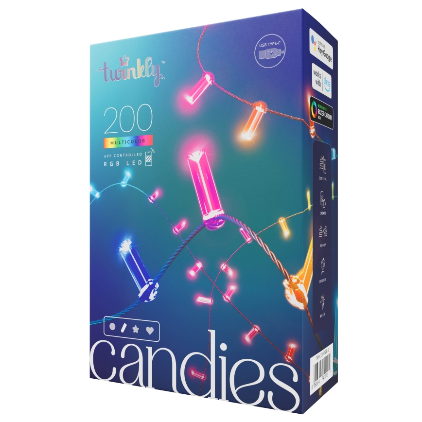 Twinkly - LED RGB guirnalda navideña regulable CANDIES 200xLED 14 m USB Wi-Fi