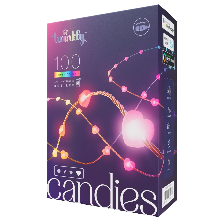 Twinkly - Guirnalda LED RGB regulable CANDIES 100 LED 8 m USB Wi‑Fi