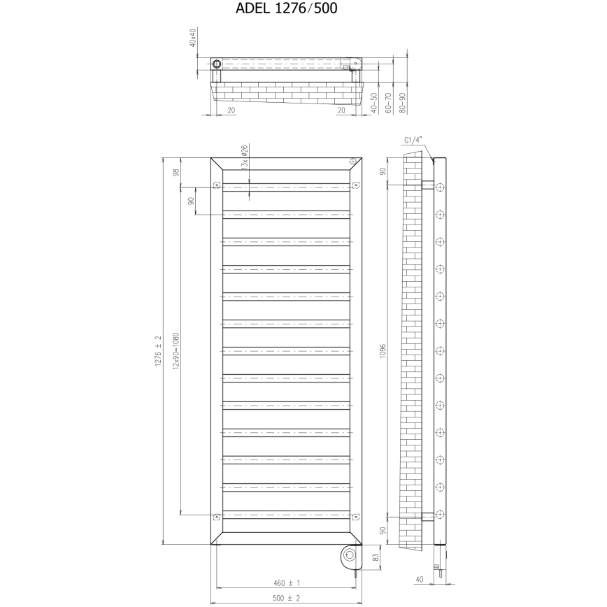 Vertaduro - Radiador de baño ADEL con termostato, 600 W, 128 x 50 cm, taupe