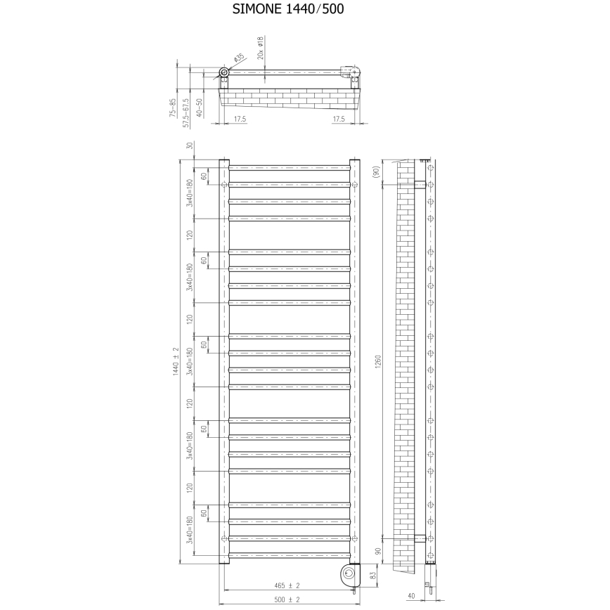 Vertaduro - Radiador de baño con termostato SIMONE 600 W 144 x 50 cm blanco