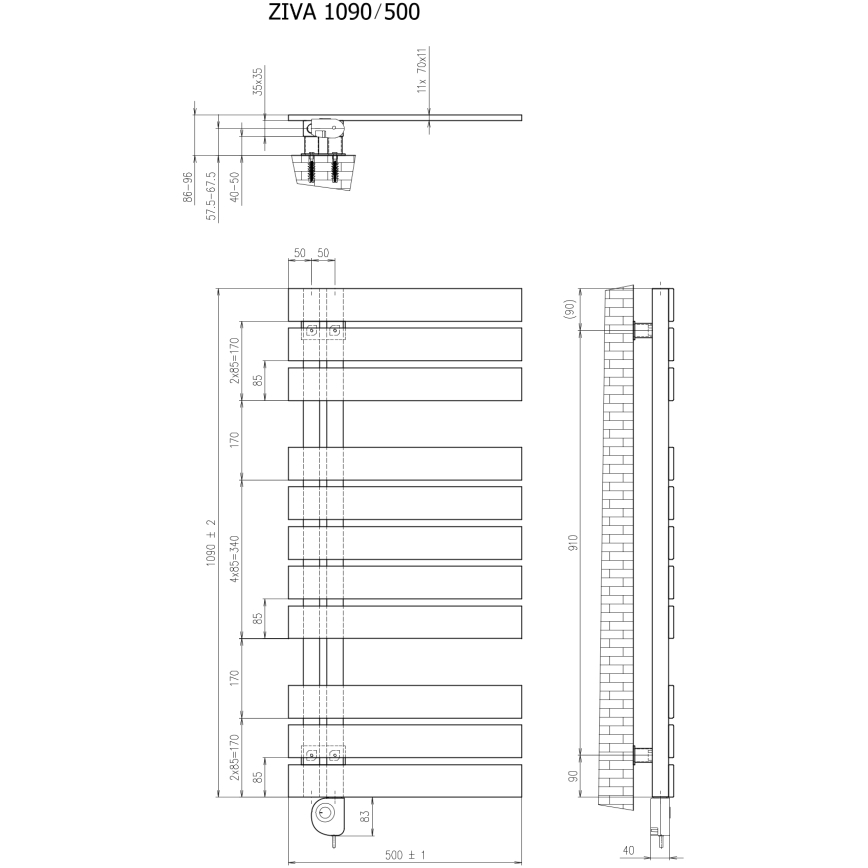 Vertaduro - Radiador de baño con termostato ZIVA, 500 W, 109 x 50 cm, antracita