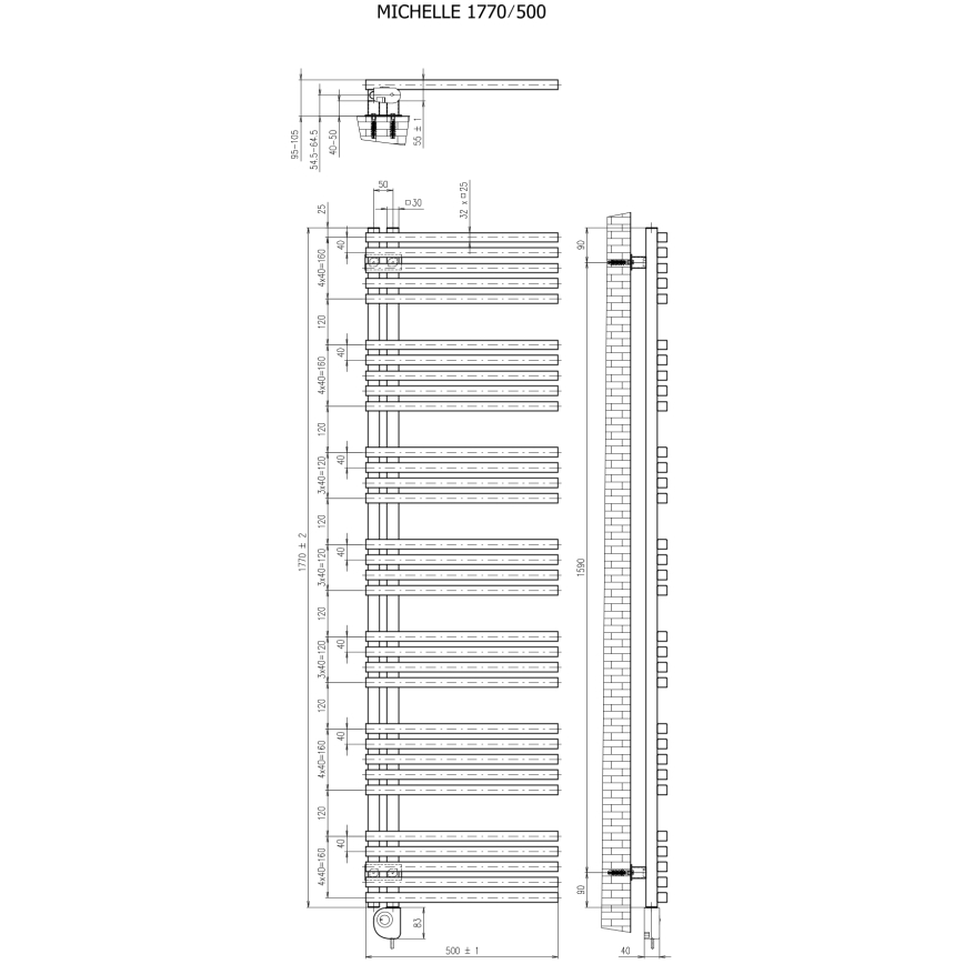 Vertaduro - Radiador para baño con termostato MICHELLE 900 W 177 x 50 cm taupe