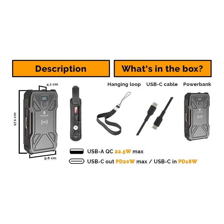Viking - Power Bank con linterna LED integrada, carga inalámbrica y panel solar Power Delivery 22,5W/10000 mAh