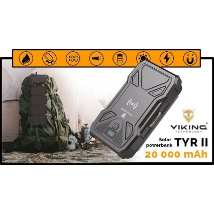 Viking - batería externa con linterna LED, carga inalámbrica y panel solar, Power Delivery 22,5 W / 20.000 mAh