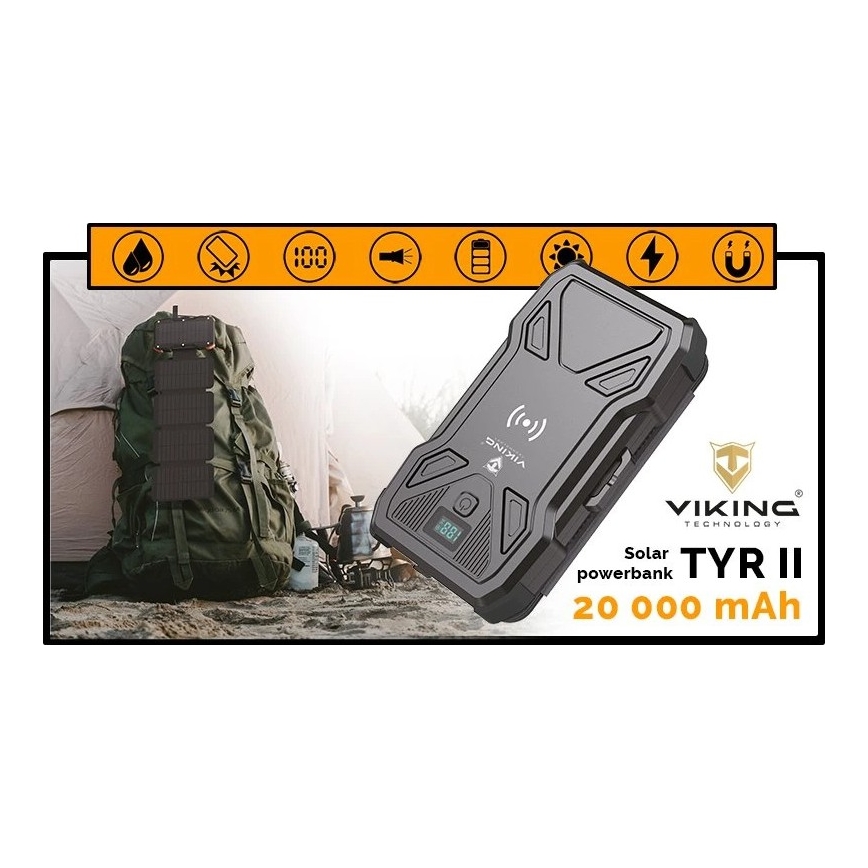 Viking - batería externa con linterna LED, carga inalámbrica y panel solar, Power Delivery 22,5 W / 20.000 mAh