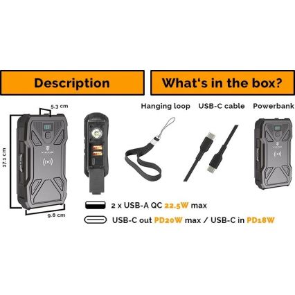 Viking - batería externa con linterna LED, carga inalámbrica y panel solar, Power Delivery 22,5 W / 20.000 mAh