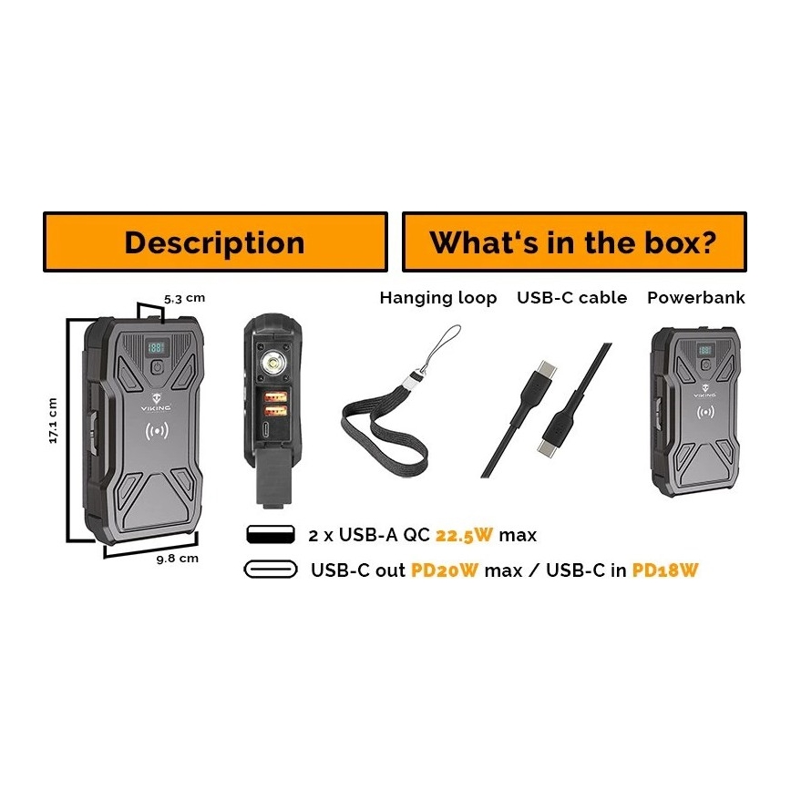 Viking - batería externa con linterna LED, carga inalámbrica y panel solar, Power Delivery 22,5 W / 20.000 mAh