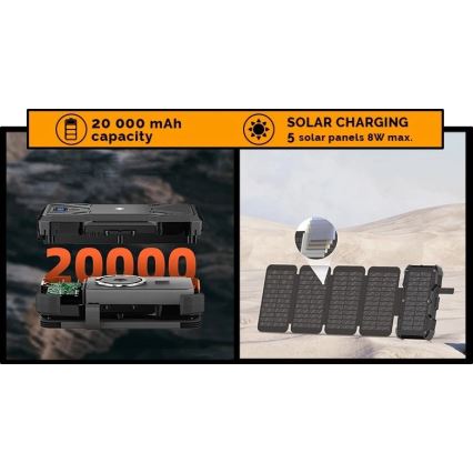 Viking - batería externa con linterna LED, carga inalámbrica y panel solar, Power Delivery 22,5 W / 20.000 mAh