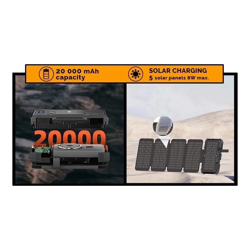 Viking - batería externa con linterna LED, carga inalámbrica y panel solar, Power Delivery 22,5 W / 20.000 mAh