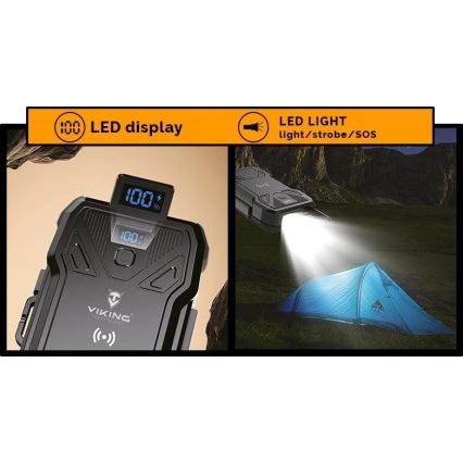 Viking - batería externa con linterna LED, carga inalámbrica y panel solar, Power Delivery 22,5 W / 20.000 mAh