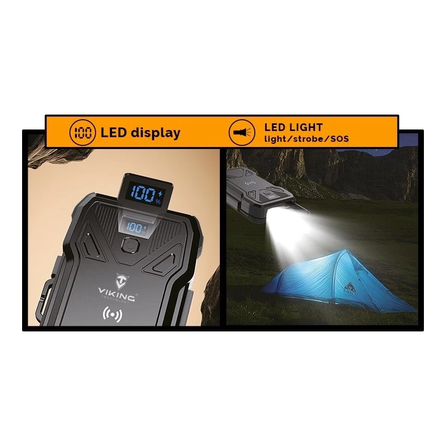 Viking - batería externa con linterna LED, carga inalámbrica y panel solar, Power Delivery 22,5 W / 20.000 mAh