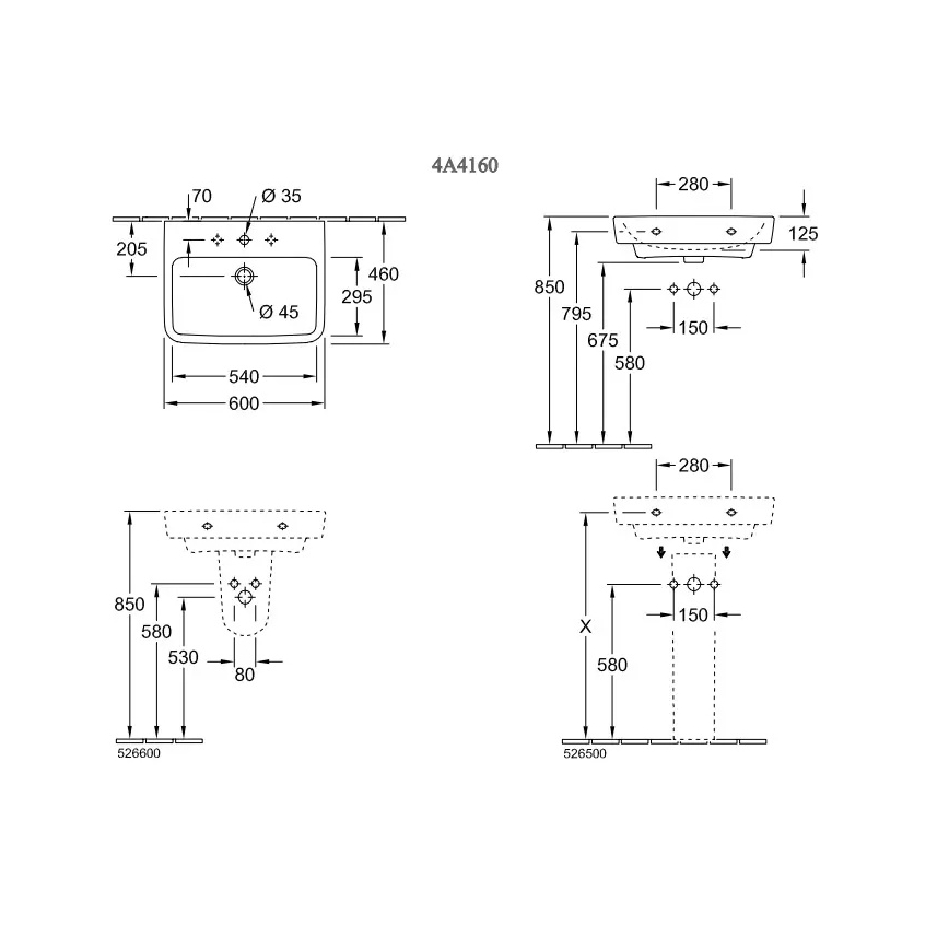 Villeroy & Boch 4A416001 - Lavabo mural O.NOVO 60x46 cm cerámica/blanco