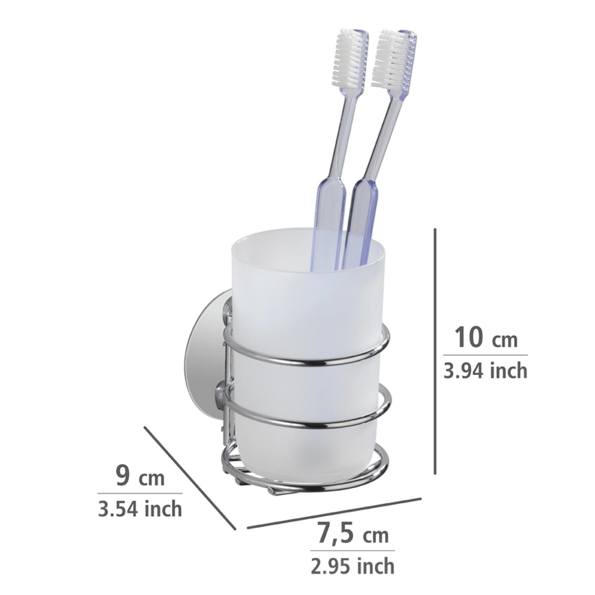 WENKO 18779100-Vaso para cepillos TURBO-LOC redondo de acero 7,5x9 cm cromo brillante/blanco