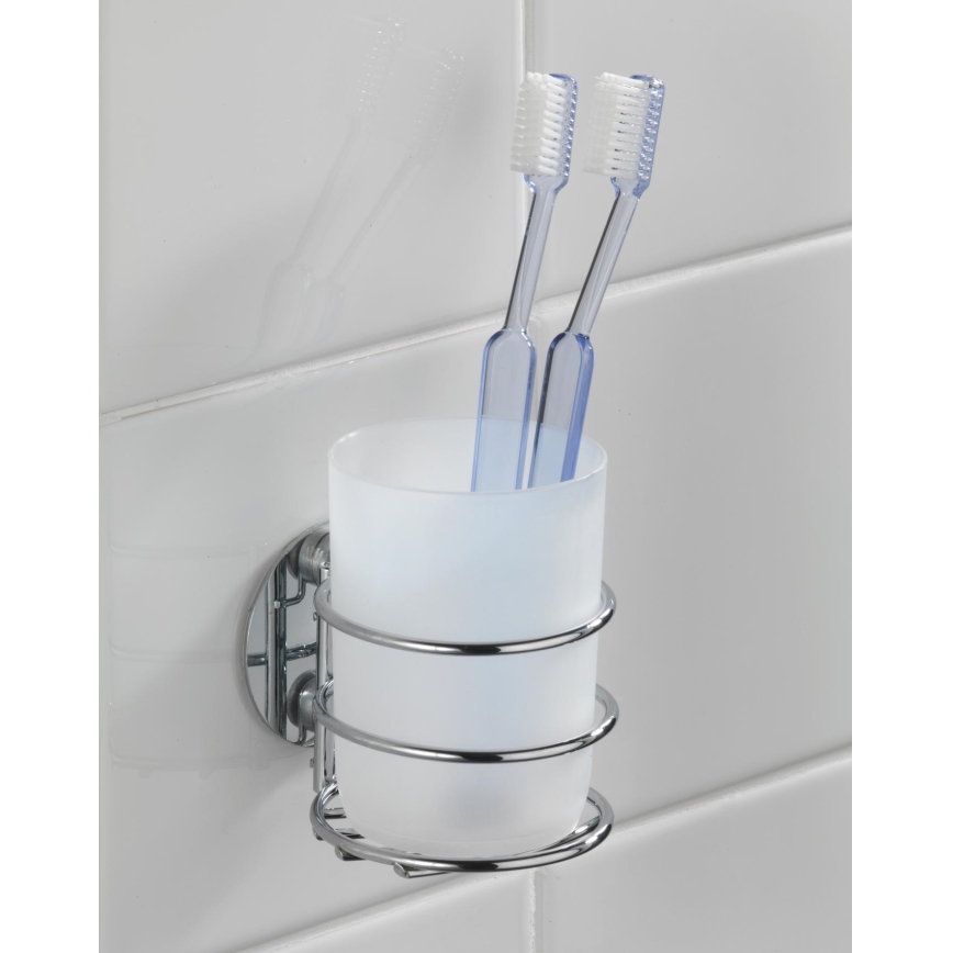 WENKO 18779100-Vaso para cepillos TURBO-LOC redondo de acero 7,5x9 cm cromo brillante/blanco