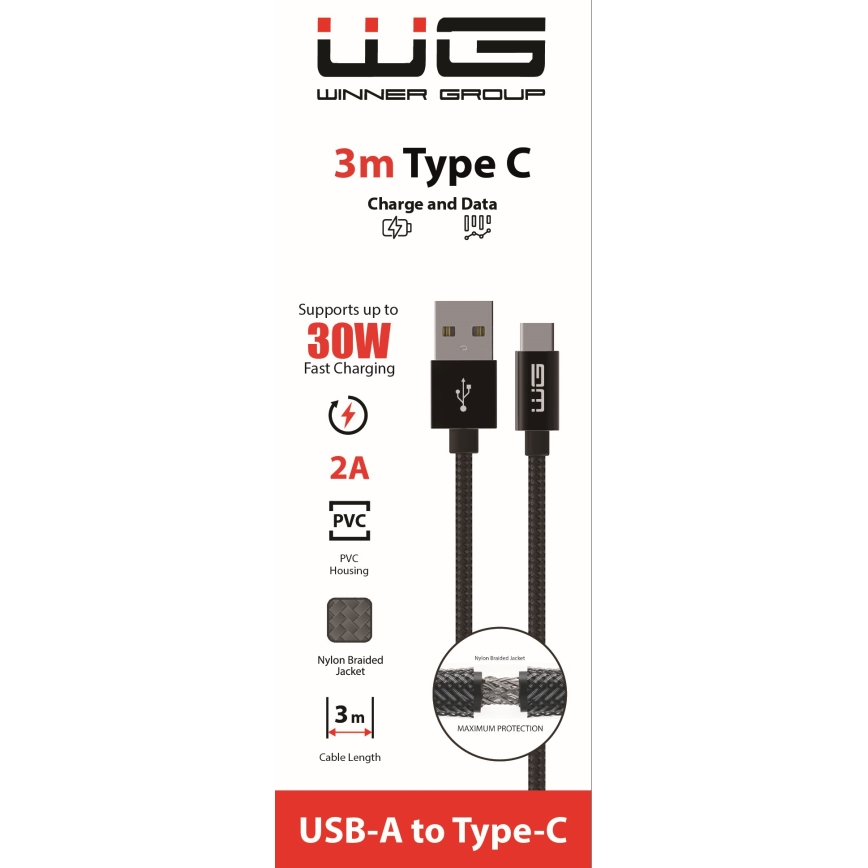 Winner Group - cable USB USB-C / USB-A 30W 3m negro