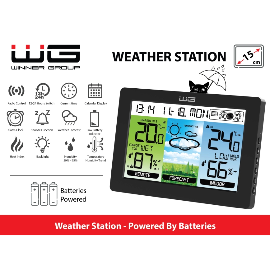 Winner Group - Estación meteorológica con pantalla LCD y reloj despertador, 5x AAA