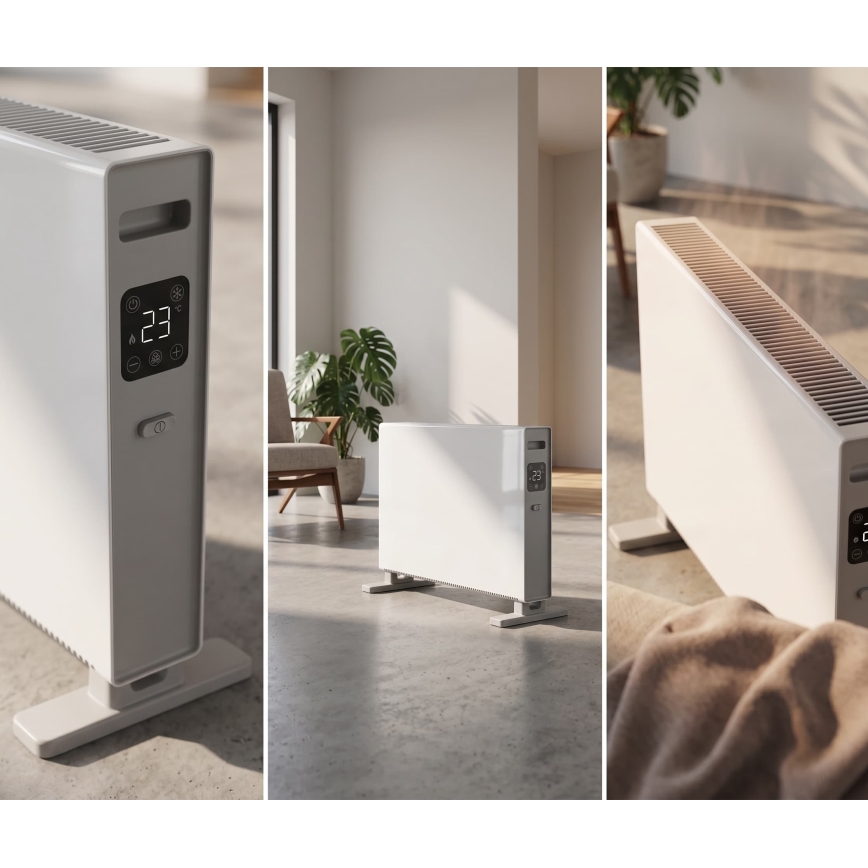 ZEVENTI - Calefactor eléctrico/convector con pantalla LCD 1250/2000W/230V blanco + mando a distancia