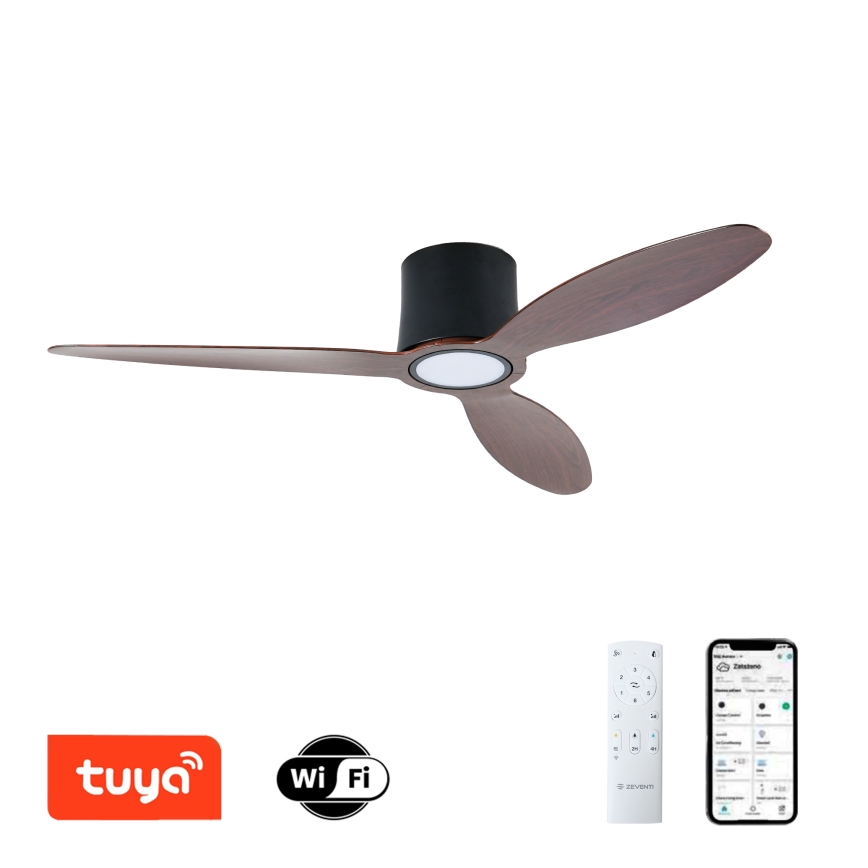 ZEVENTI - Ventilador de techo LED regulable VENTORA LED/24W/230V 3000/4000/6000K Wi-Fi Tuya negro/nogal + mando a distancia