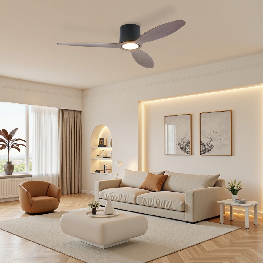 ZEVENTI - Ventilador de techo LED regulable VENTORA LED/24W/230V 3000/4000/6000K Wi-Fi Tuya negro/nogal + mando a distancia