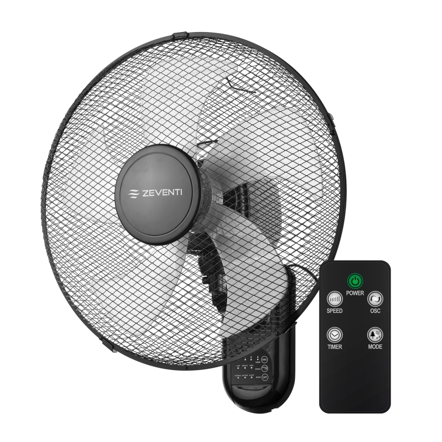 ZEVENTI - Ventilador de pared FANNY 45 W/230 V, diámetro 41 cm, negro + mando a distancia