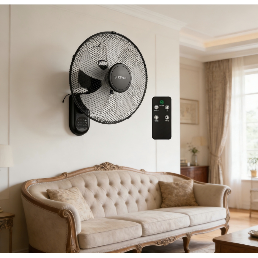 ZEVENTI - Ventilador de pared FANNY 45 W/230 V, diámetro 41 cm, negro + mando a distancia