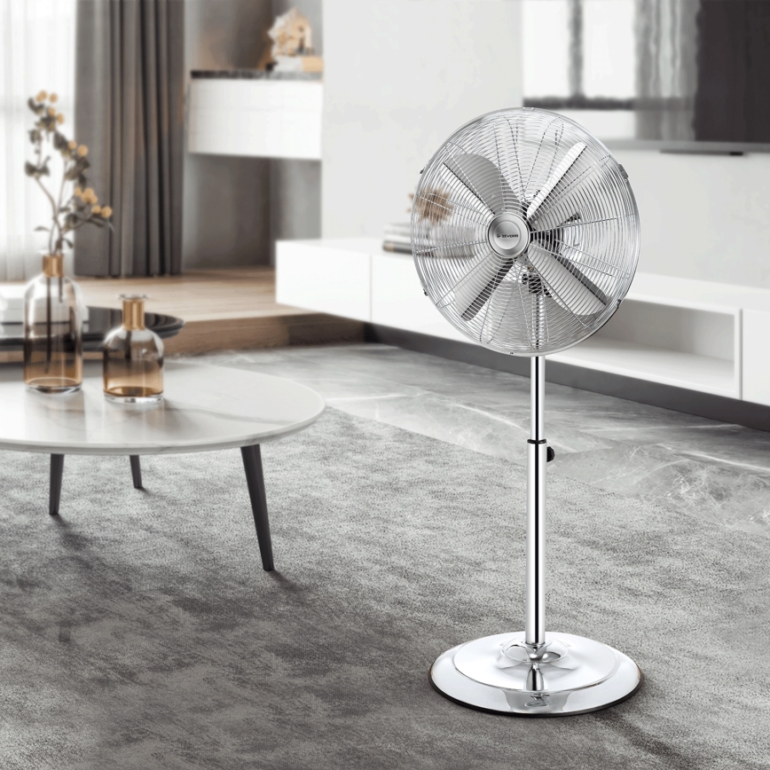ZEVENTI - Ventilador de pie FLOW 50W/230V 125 cm cromo brillante + control remoto