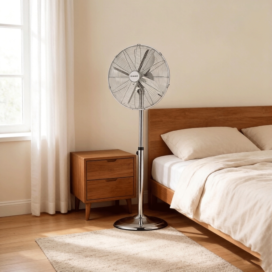 ZEVENTI - Ventilador de pie FLOW 50W/230V 125 cm cromo brillante + control remoto
