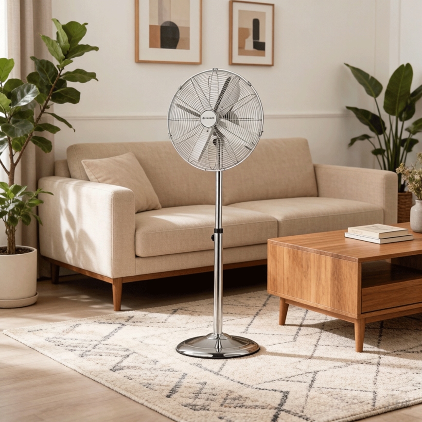 ZEVENTI - Ventilador de pie FLOW 50W/230V 125 cm cromo brillante + control remoto
