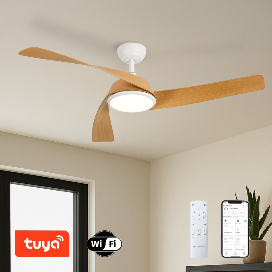 ZEVENTI - Ventilador de techo LED regulable AERYS LED/24W/230V 3000/4000/6000K Wi-Fi Tuya blanco/roble + mando a distancia