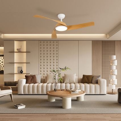 ZEVENTI - Ventilador de techo LED regulable AERYS LED/24W/230V 3000/4000/6000K Wi-Fi Tuya blanco/roble + mando a distancia