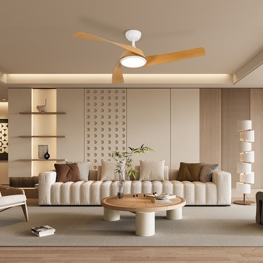 ZEVENTI - Ventilador de techo LED regulable AERYS LED/24W/230V 3000/4000/6000K Wi-Fi Tuya blanco/roble + mando a distancia