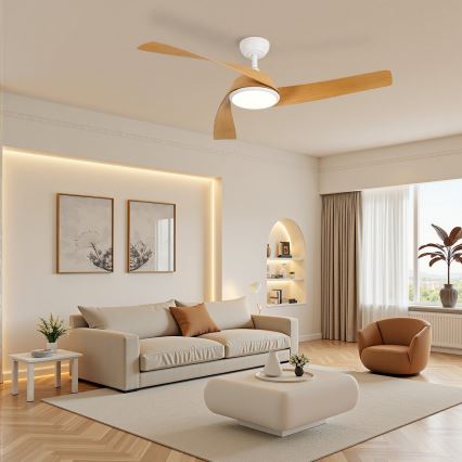 ZEVENTI - Ventilador de techo LED regulable AERYS LED/24W/230V 3000/4000/6000K Wi-Fi Tuya blanco/roble + mando a distancia