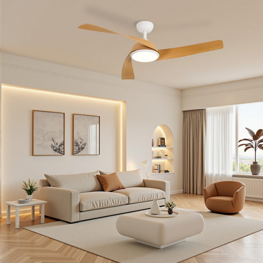ZEVENTI - Ventilador de techo LED regulable AERYS LED/24W/230V 3000/4000/6000K Wi-Fi Tuya blanco/roble + mando a distancia