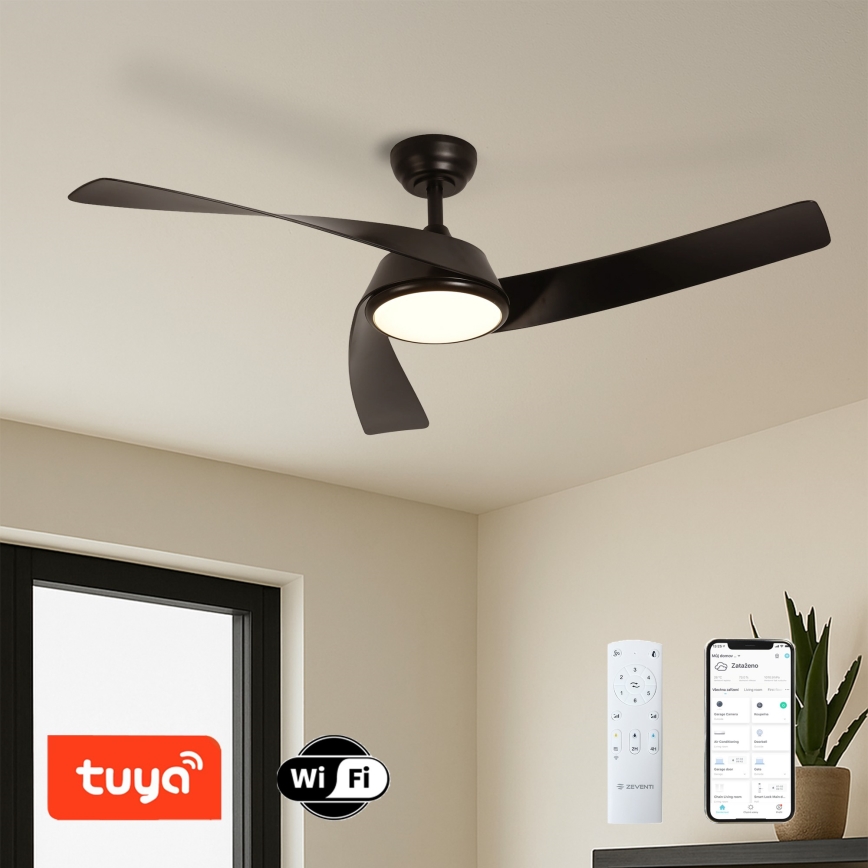 ZEVENTI - Ventilador de techo LED regulable AERYS LED/24W/230V 3000/4000/6000K Wi-Fi Tuya negro + mando a distancia