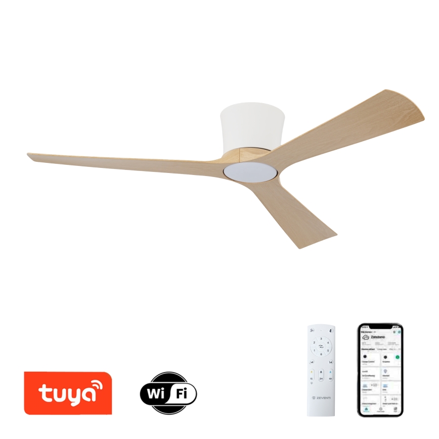 ZEVENTI - Ventilador de techo LED regulable AUREX LED/24W/230V 3000/4000/6000K Wi-Fi Tuya blanco/roble + mando a distancia