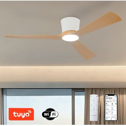 ZEVENTI - Ventilador de techo LED regulable AUREX LED/24W/230V 3000/4000/6000K Wi-Fi Tuya blanco/roble + mando a distancia