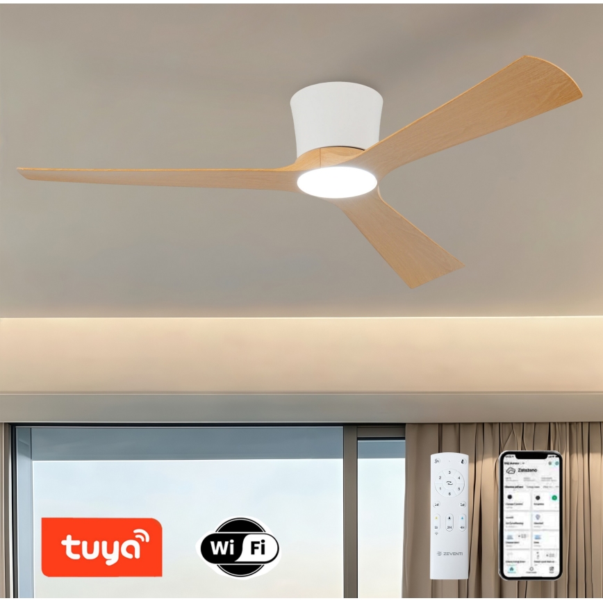 ZEVENTI - Ventilador de techo LED regulable AUREX LED/24W/230V 3000/4000/6000K Wi-Fi Tuya blanco/roble + mando a distancia