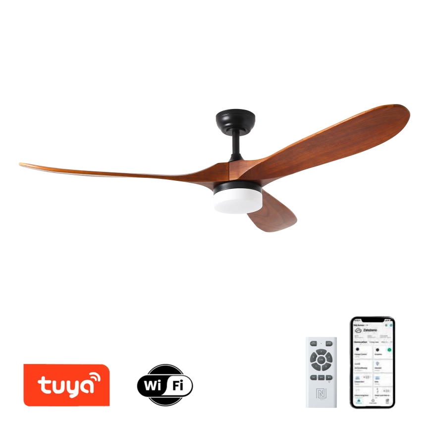 ZEVENTI - Ventilador de techo LED GINOSA LED/18W/230V 3000/4000/6000K Wi-Fi Tuya negro/roble + mando a distancia