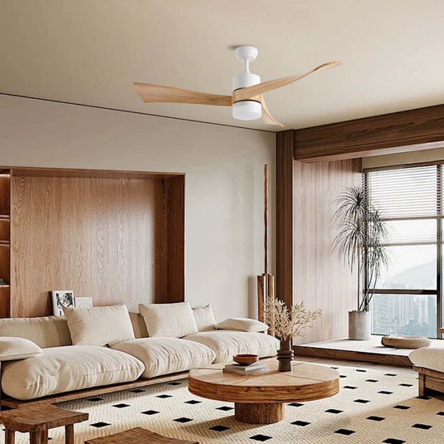 ZEVENTI - Ventilador de techo LED NATURITO LED/18W/230V 3000/4000/6000K Wi-Fi Tuya blanco/roble + mando a distancia