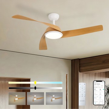 ZEVENTI - Ventilador de techo LED regulable AERYS LED/24W/230V 3000/4000/6000K Wi-Fi Tuya blanco/roble + mando a distancia