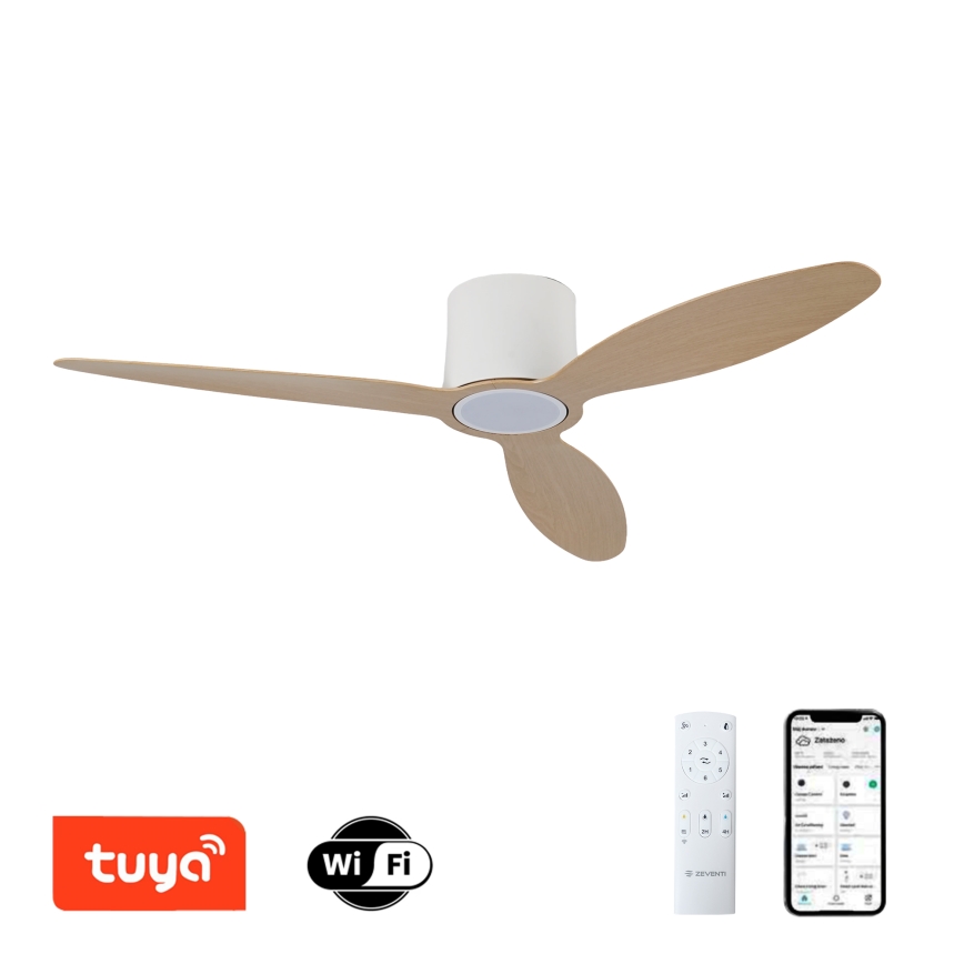 ZEVENTI - Ventilador de techo LED regulable VENTORA LED/24W/230V 3000/4000/6000K Wi-Fi Tuya blanco/roble + control remoto