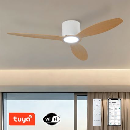 ZEVENTI - Ventilador de techo LED regulable VENTORA LED/24W/230V 3000/4000/6000K Wi-Fi Tuya blanco/roble + control remoto
